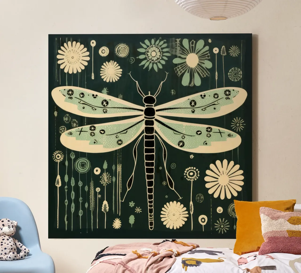 Libellula verde 3 tela con Cornice a cassetta da Minimal Animal Art