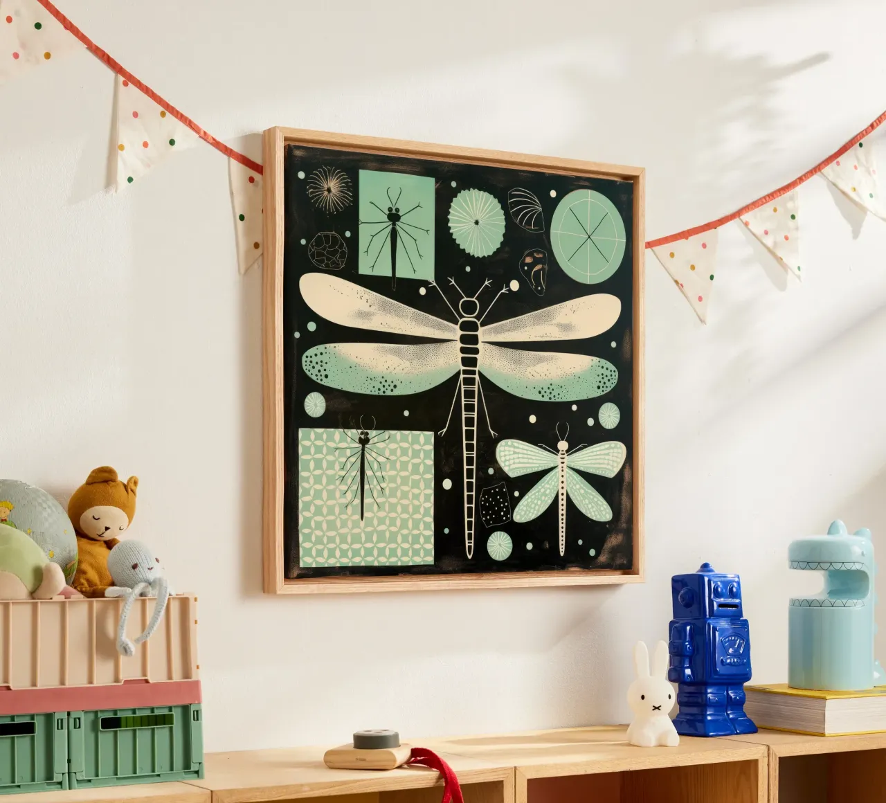 Groene libel 4 canvas met Baklijst van Minimal Animal Art