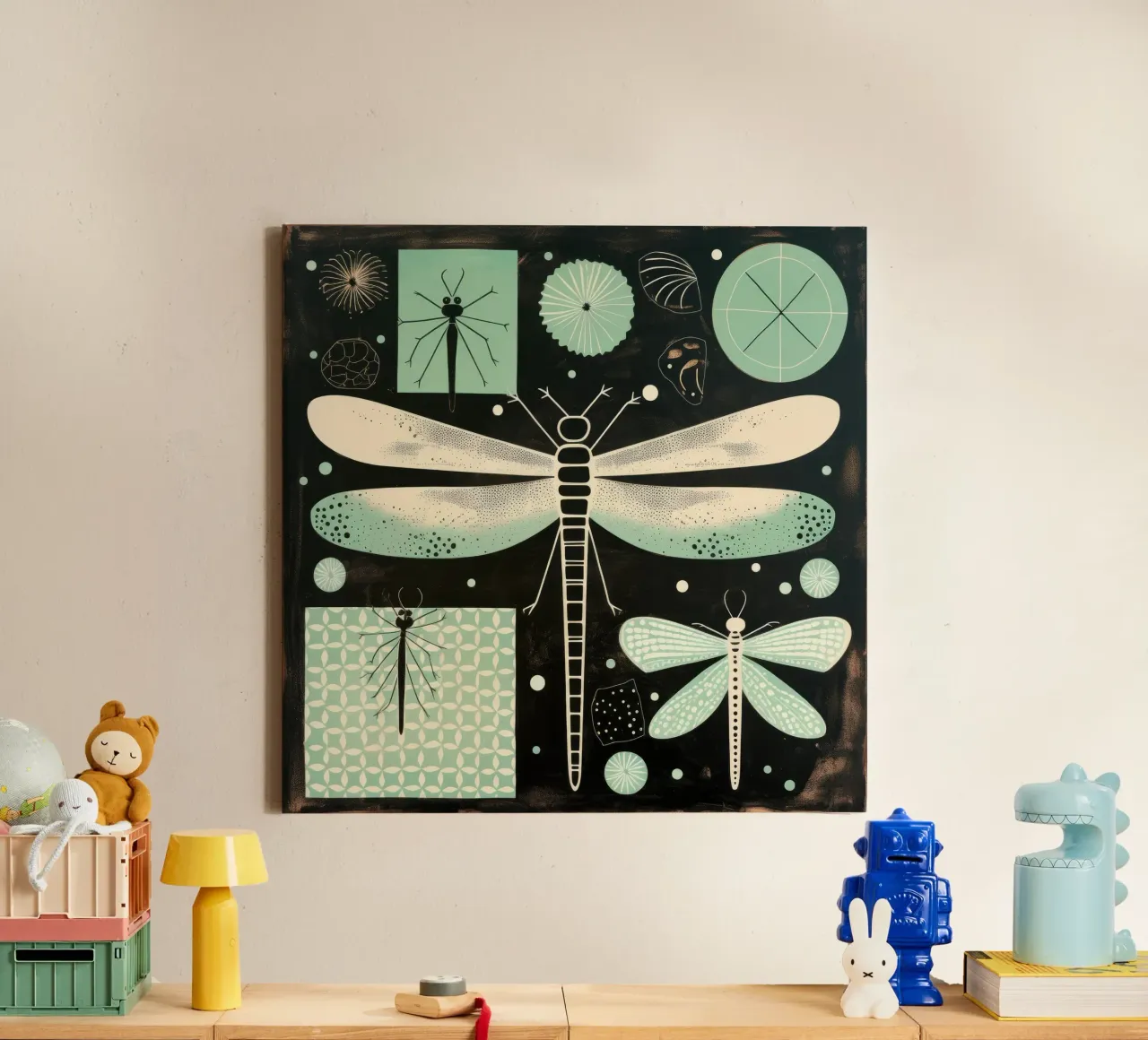 Groene libel 4 canvas met Baklijst van Minimal Animal Art