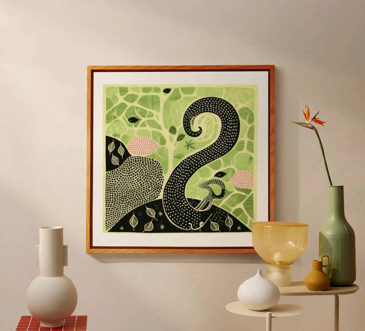 Groene regenworm 3 acryl van Minimal Animal Art