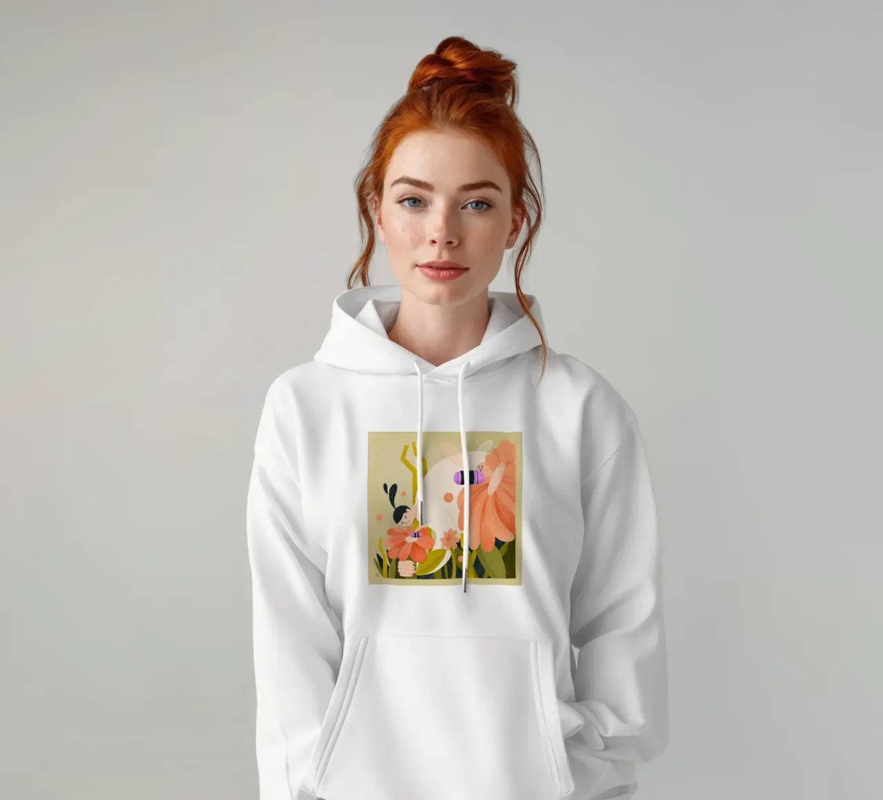 Pradera de flores con abejas y mujer sudadera con capucha de Bold & Beautiful