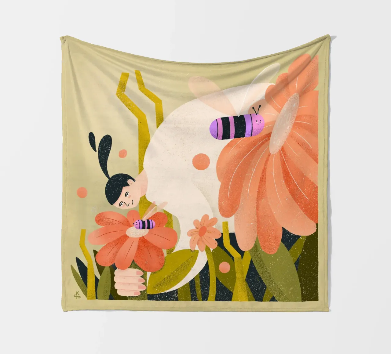 Prato fiorito con api e donna coperta in pile da Bold & Beautiful