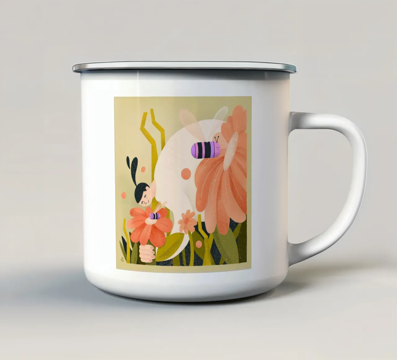 Flower meadow with bees and woman enamel mug by Bold & Beautiful