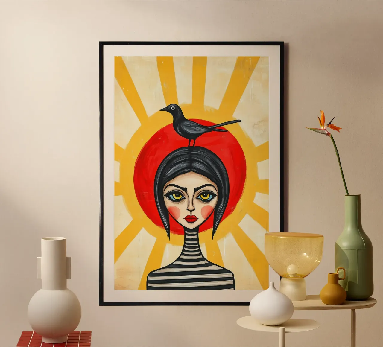 Sun view and shadow crow poster with wooden frame by melipo-art