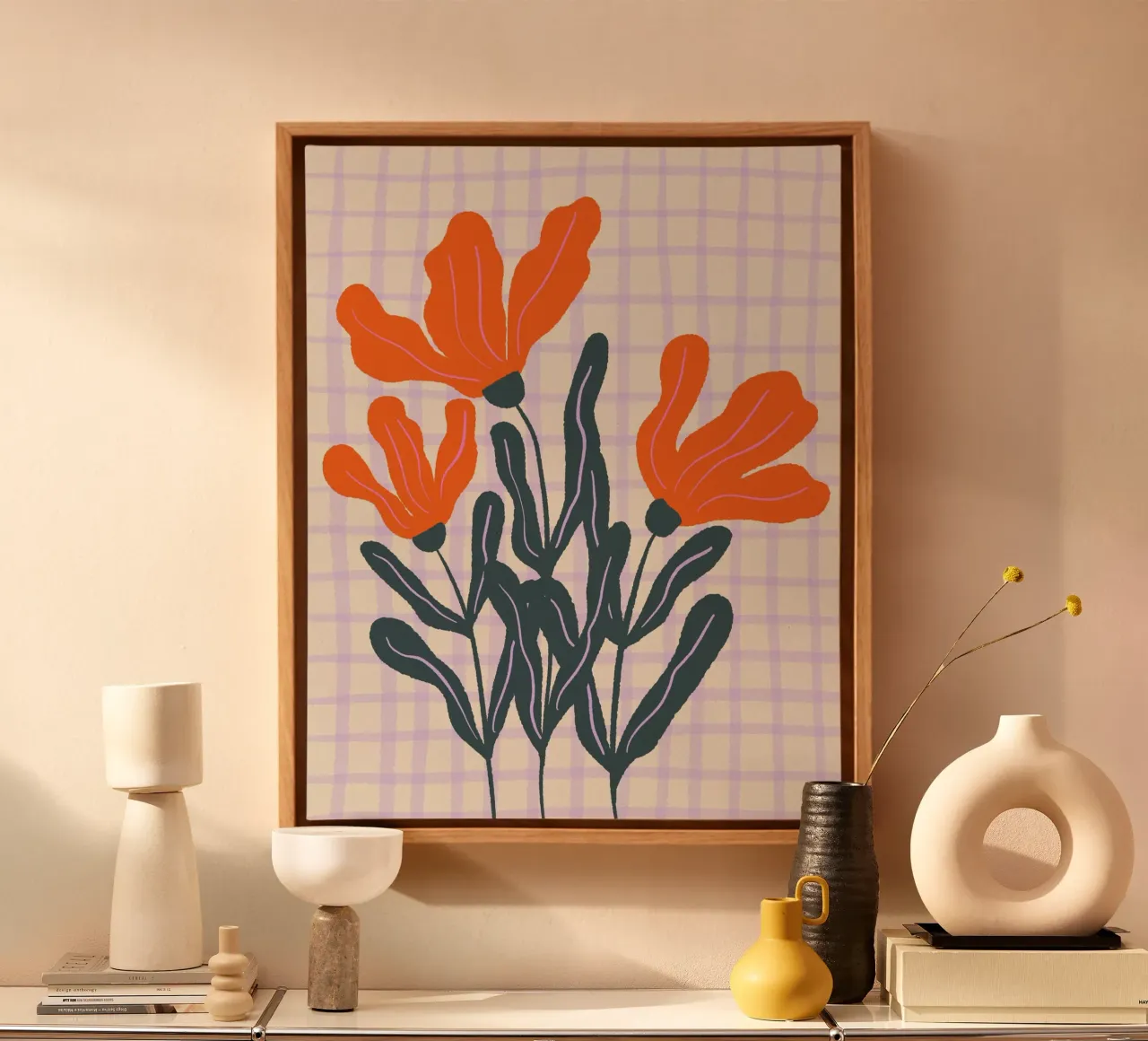 Abstrakte Blumen auf einem Gittermuster 2 Leinwand mit Schattenfugenrahmen von Wackapacka