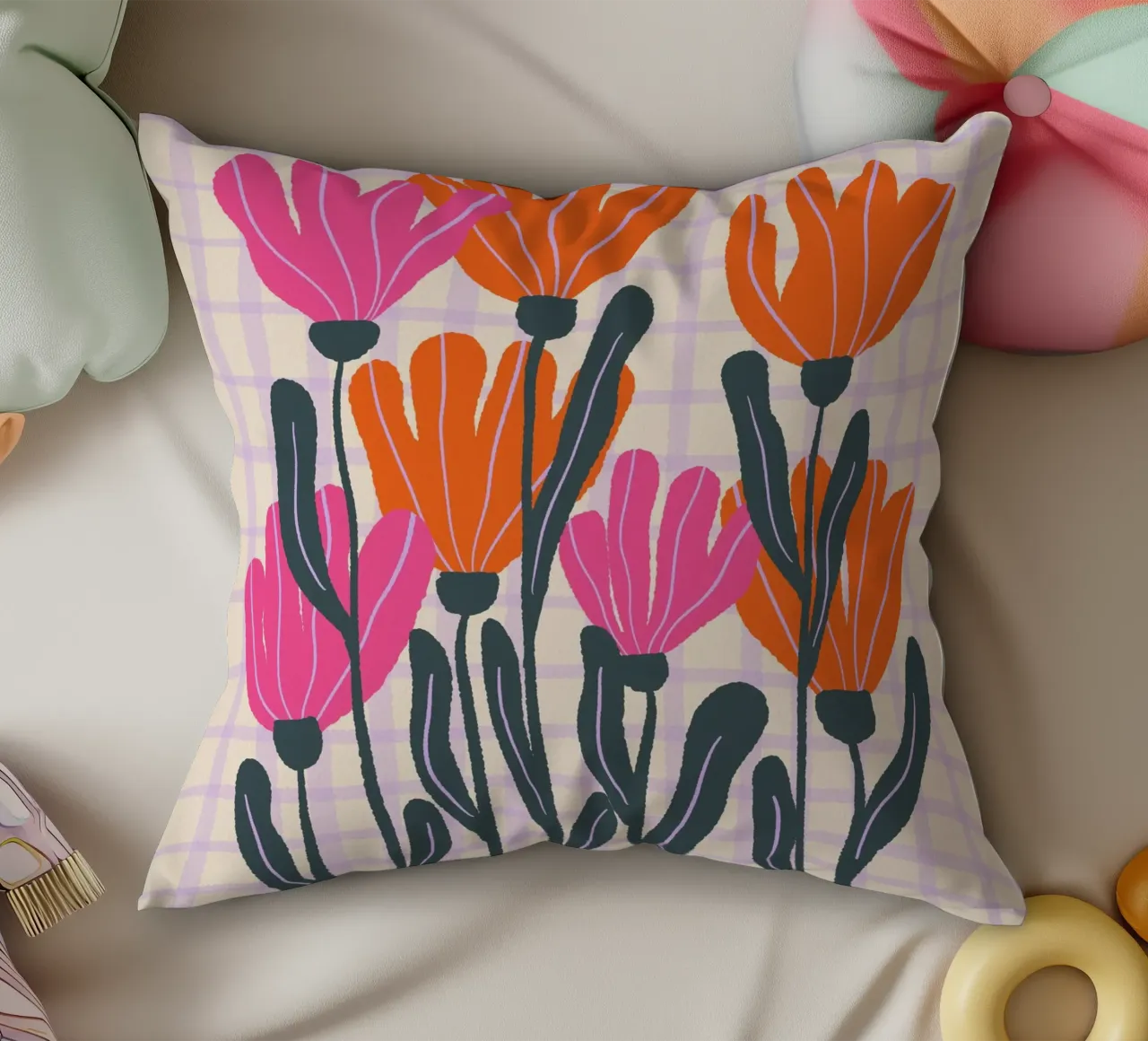 Abstract flowers on a grid pattern 3 decorative cushion by Wackapacka