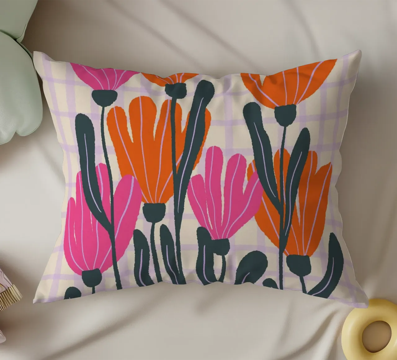 Abstract flowers on a grid pattern 3 decorative cushion by Wackapacka