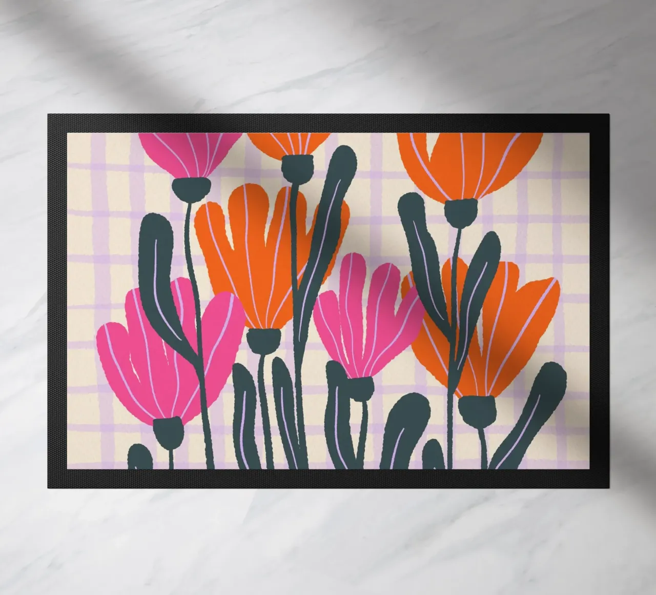 Abstract flowers on a grid pattern 3 doormat by Wackapacka