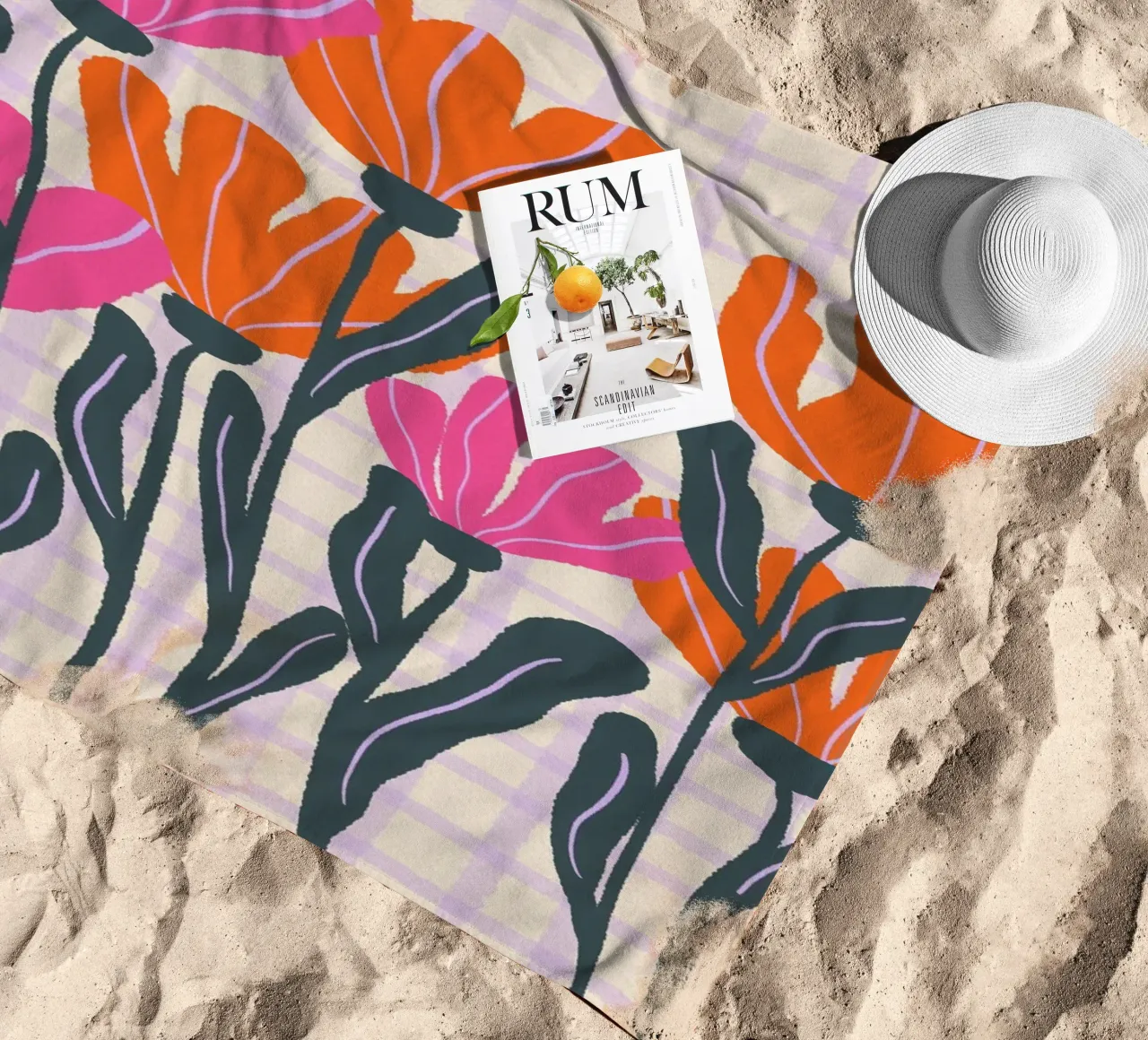 Abstract flowers on a grid pattern 3 beach towel by Wackapacka