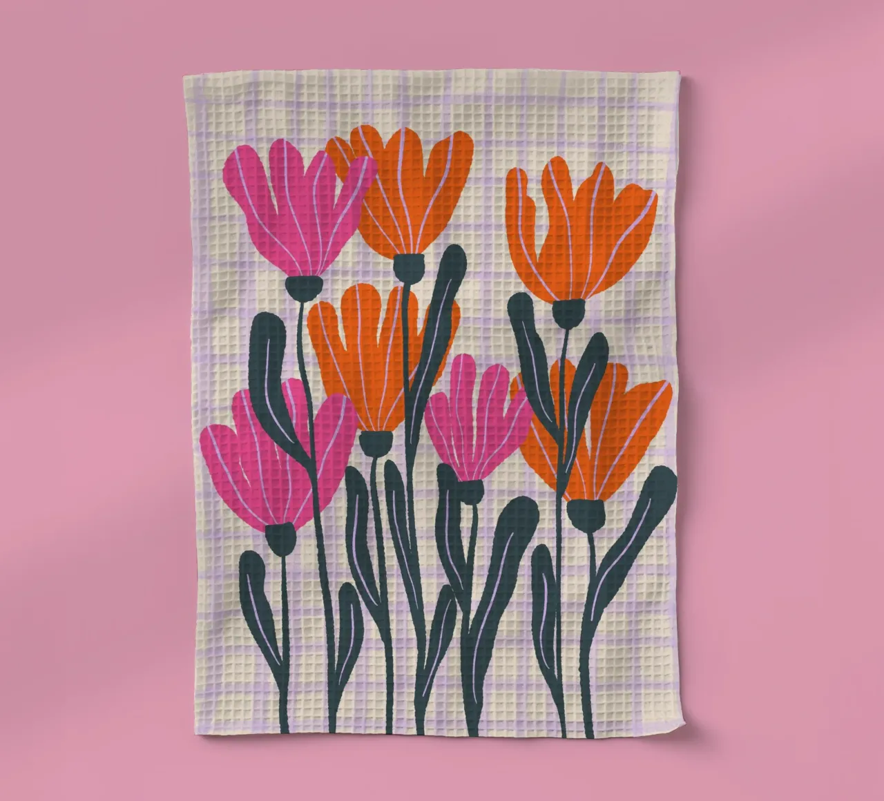 Abstract flowers on a grid pattern 3 tea towel by Wackapacka