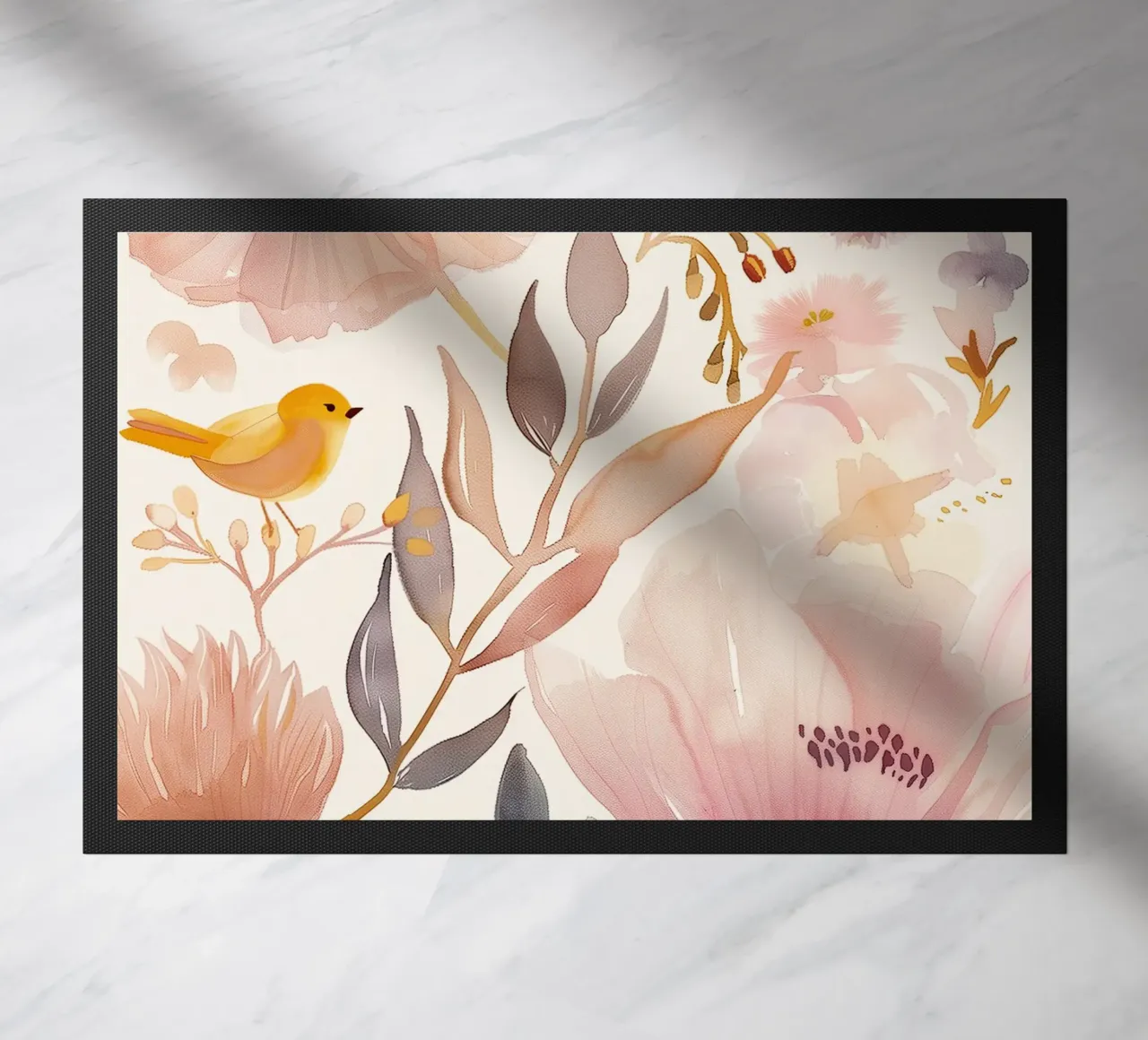 Uccello giallo con papavero Fiori di primavera rosa botanici vintage zerbino da Gentle Echoes Art