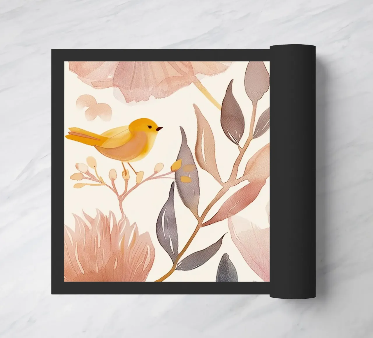 Uccello giallo con papavero Fiori di primavera rosa botanici vintage zerbino da Gentle Echoes Art