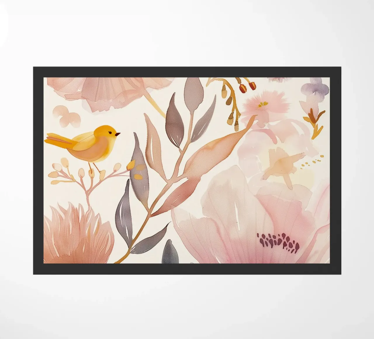 Uccello giallo con papavero Fiori di primavera rosa botanici vintage zerbino da Gentle Echoes Art