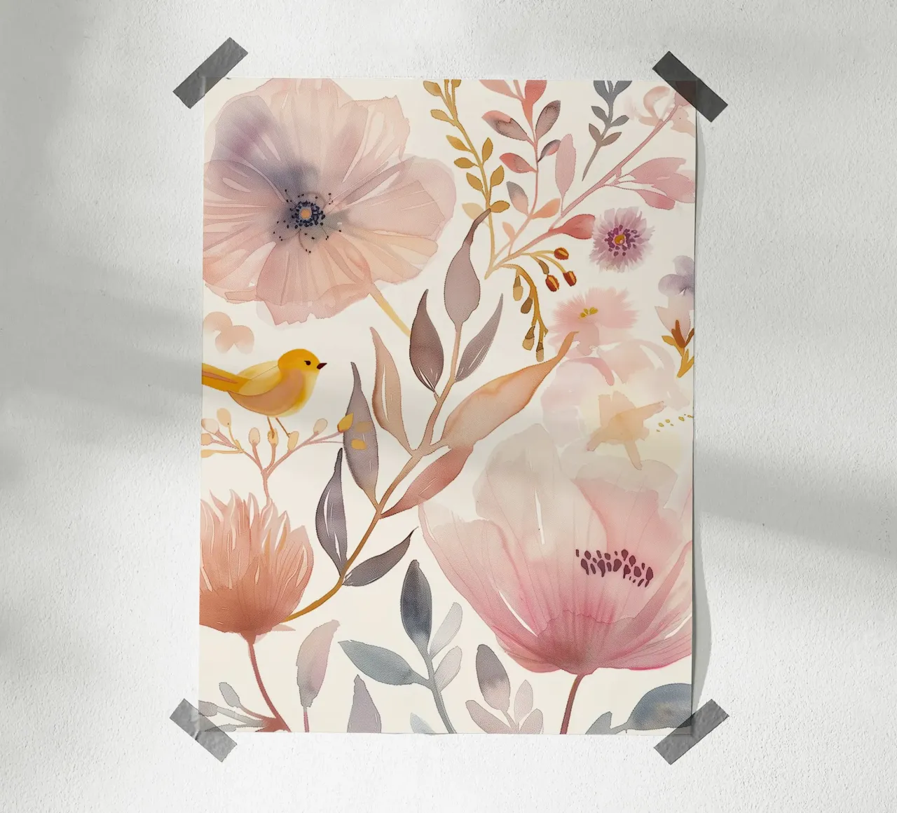 Uccello giallo con papavero Fiori di primavera rosa botanici vintage poster con telaio in plastica da Gentle Echoes Art