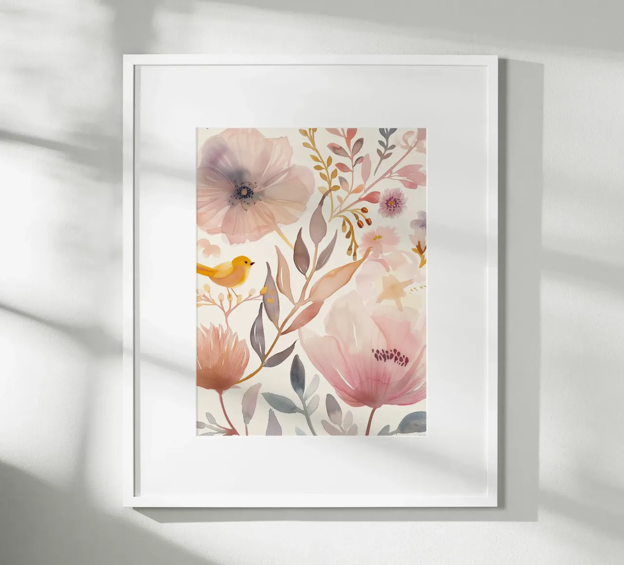 Uccello giallo con papavero Fiori di primavera rosa botanici vintage poster con telaio in plastica da Gentle Echoes Art
