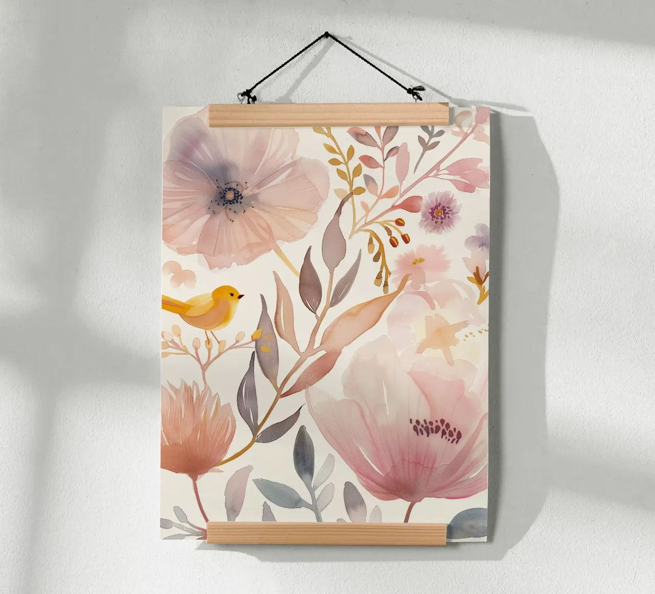 Uccello giallo con papavero Fiori di primavera rosa botanici vintage poster con telaio in plastica da Gentle Echoes Art