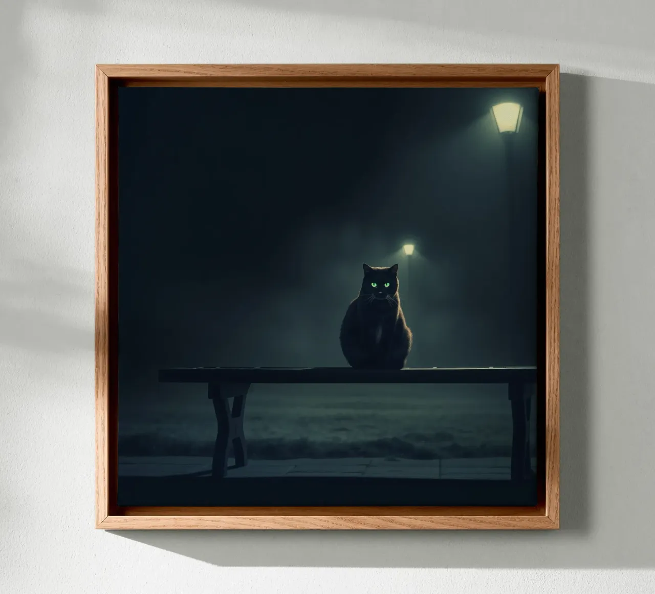 Katze mit leuchtenden Augen sitzt auf einer Bank unter schummrigem Straßenlicht Leinwand mit Schattenfugenrahmen von DesignDoodle