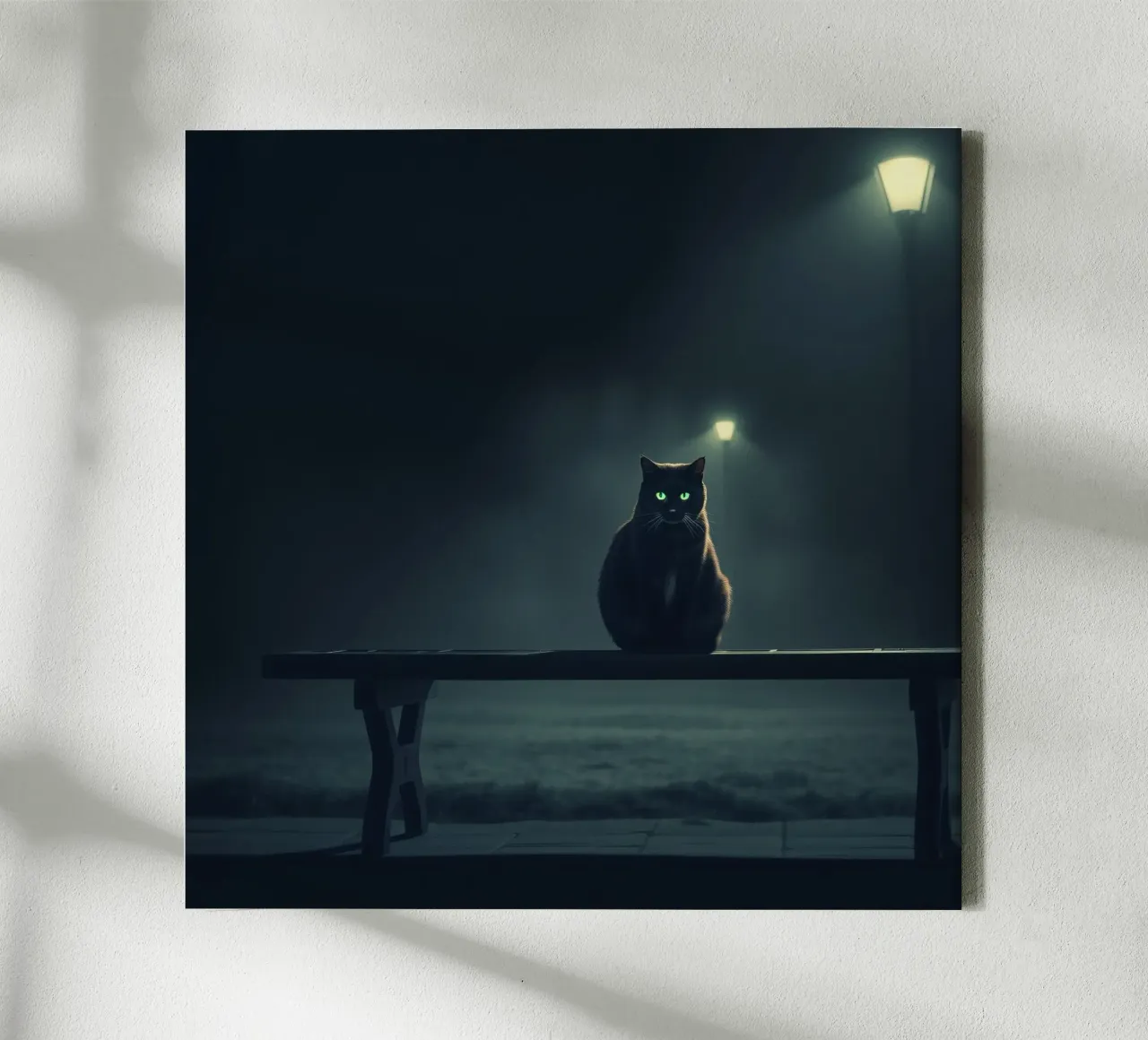 Katze mit leuchtenden Augen sitzt auf einer Bank unter schummrigem Straßenlicht Leinwand mit Schattenfugenrahmen von DesignDoodle
