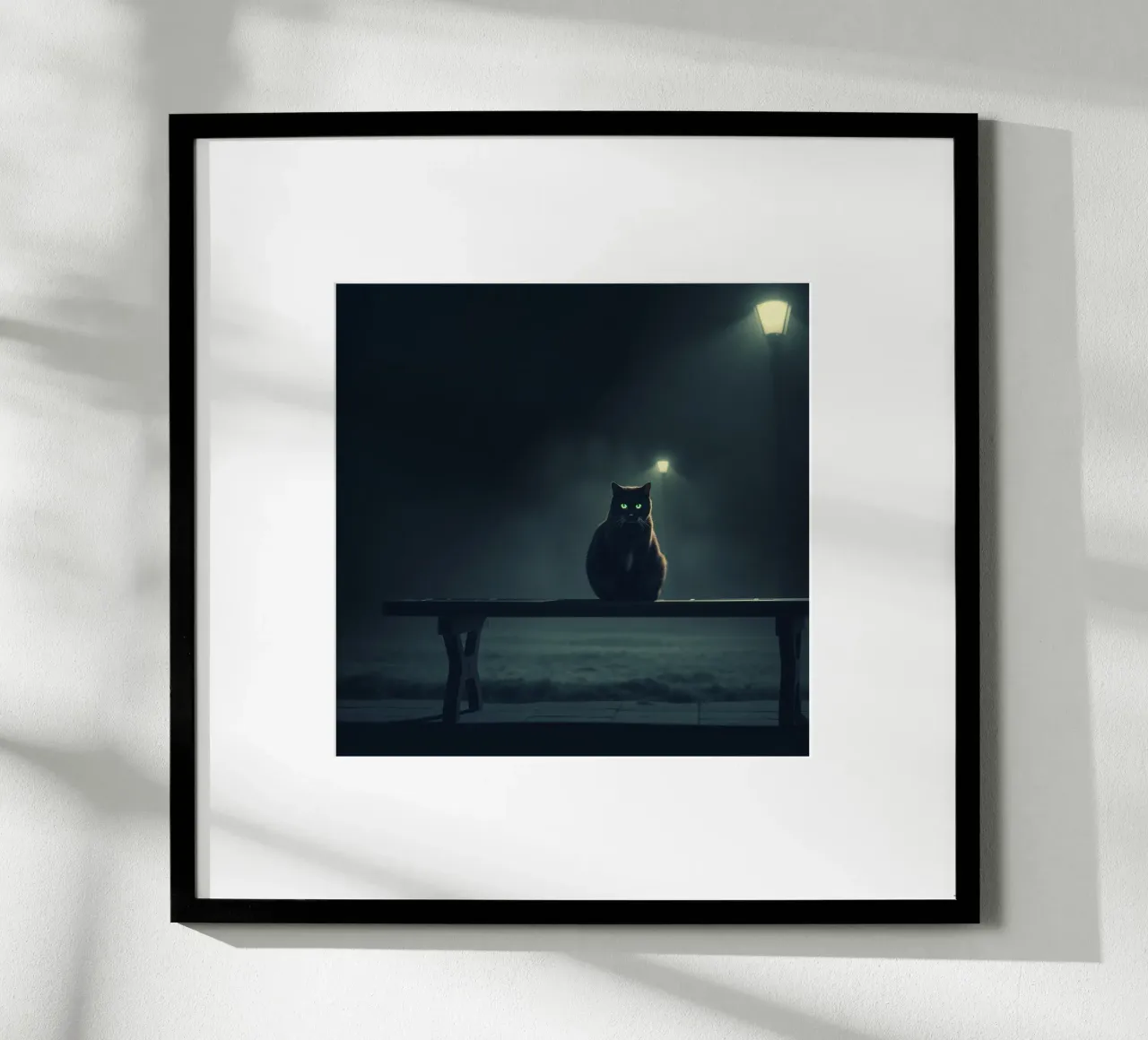 gatto con occhi luminosi siede su una panchina sotto la luce fioca della strada poster da DesignDoodle