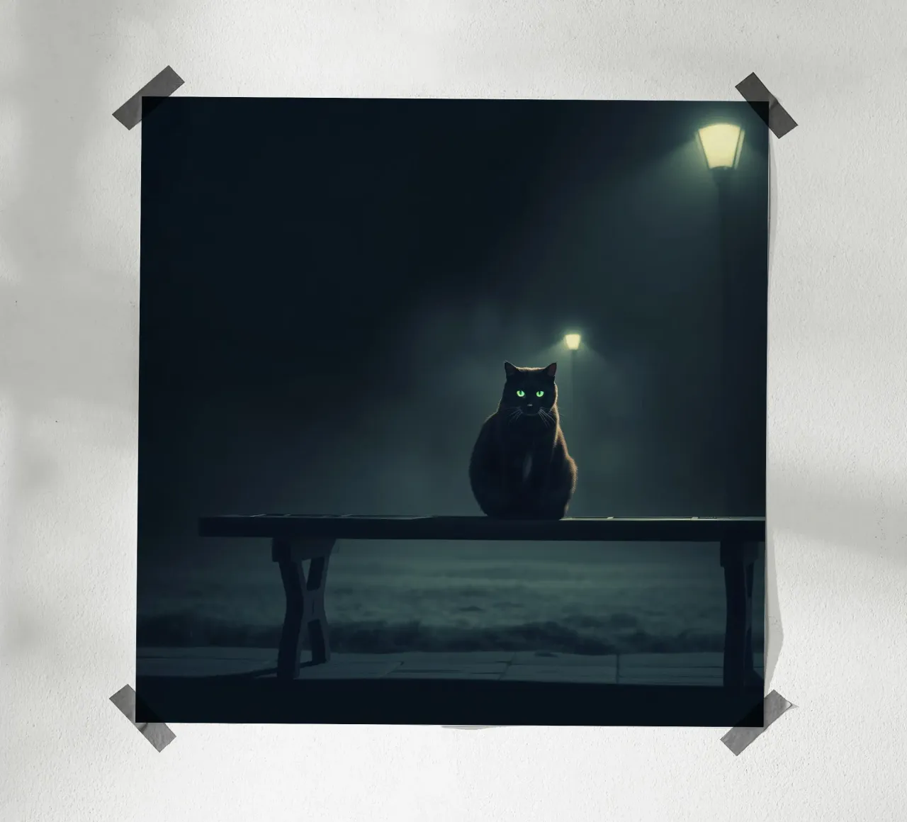 gatto con occhi luminosi siede su una panchina sotto la luce fioca della strada poster da DesignDoodle