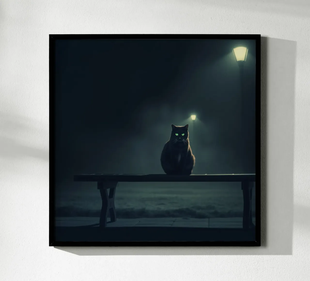 gatto con occhi luminosi siede su una panchina sotto la luce fioca della strada poster da DesignDoodle