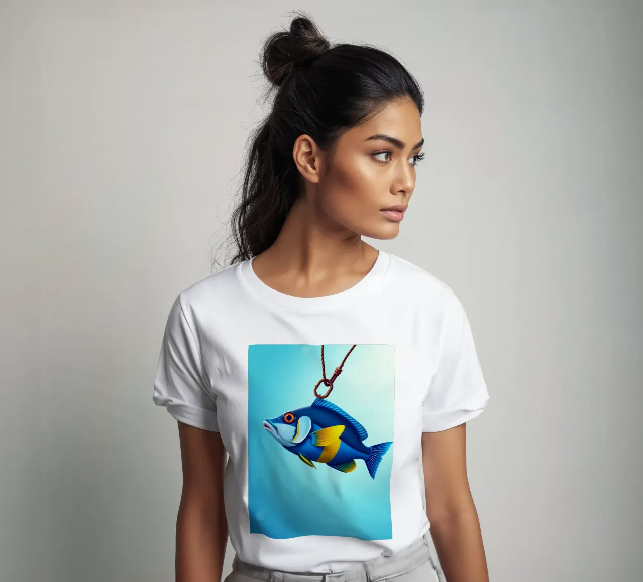 Un poisson coloré capturé sur un hameçon immergé dans l'eau bleue t-shirt de DesignDoodle