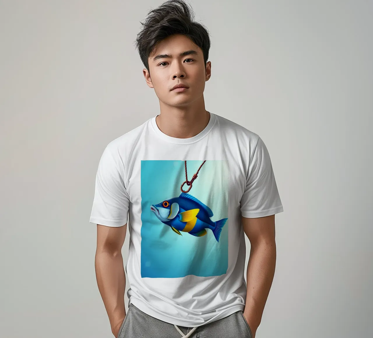 Un poisson coloré capturé sur un hameçon immergé dans l'eau bleue t-shirt de DesignDoodle
