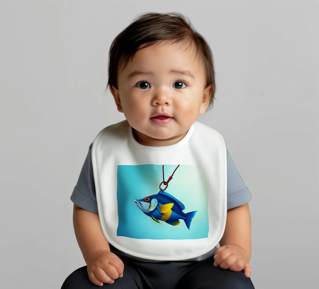 Un poisson coloré capturé sur un hameçon immergé dans l'eau bleue bavoir de DesignDoodle
