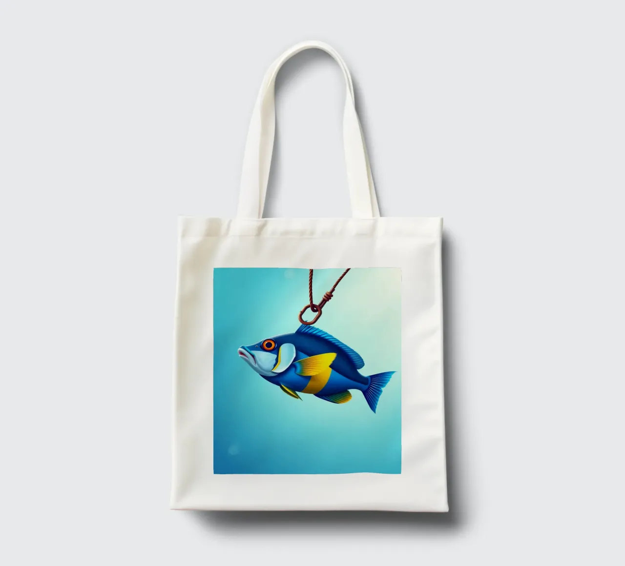 Un poisson coloré capturé sur un hameçon immergé dans l'eau bleue tote bag de DesignDoodle