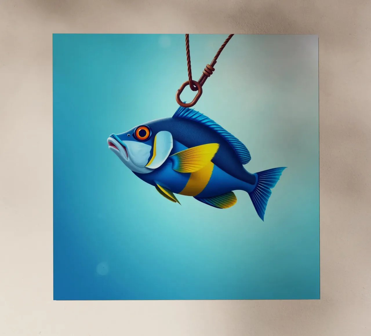 Un pesce colorato catturato da un amo immerso nell'acqua blu pellicola backlit da DesignDoodle