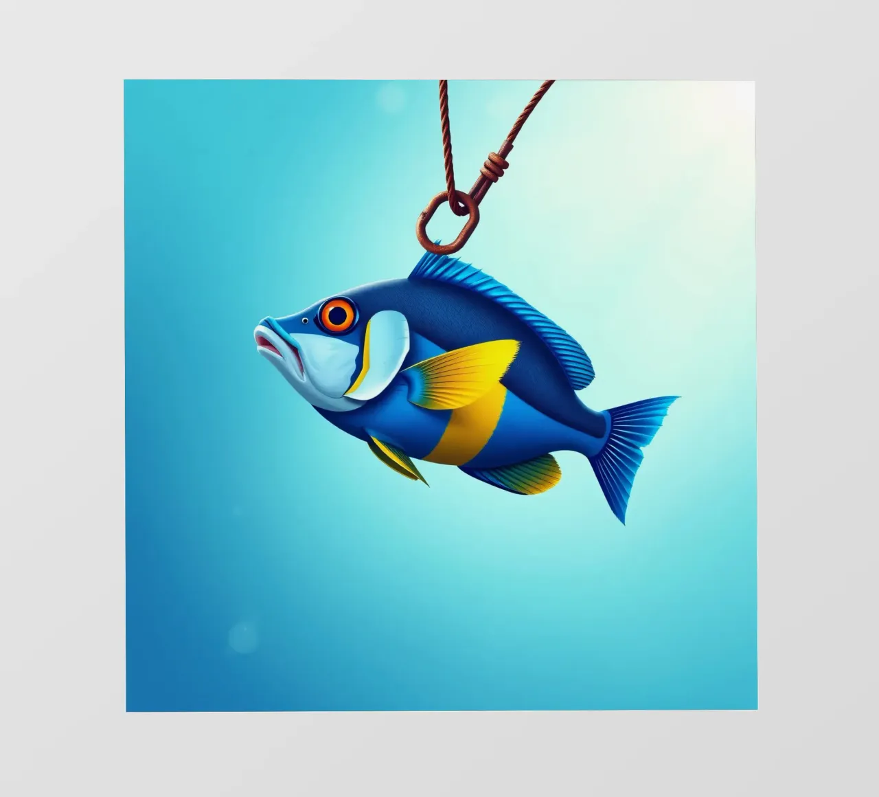 Un poisson coloré capturé sur un hameçon immergé dans l'eau bleue papier peint photo de DesignDoodle