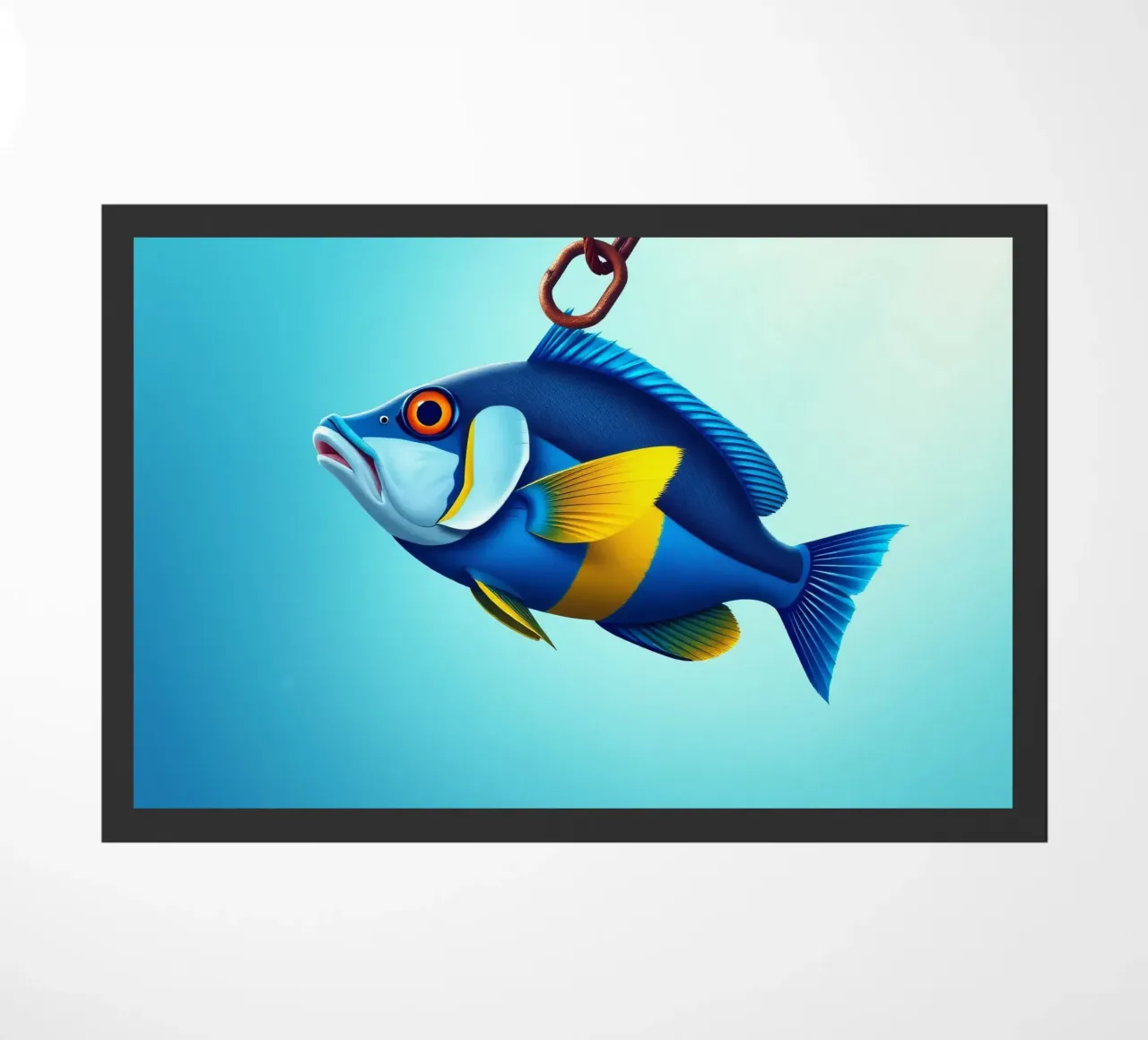 Un poisson coloré capturé sur un hameçon immergé dans l'eau bleue paillasson de DesignDoodle