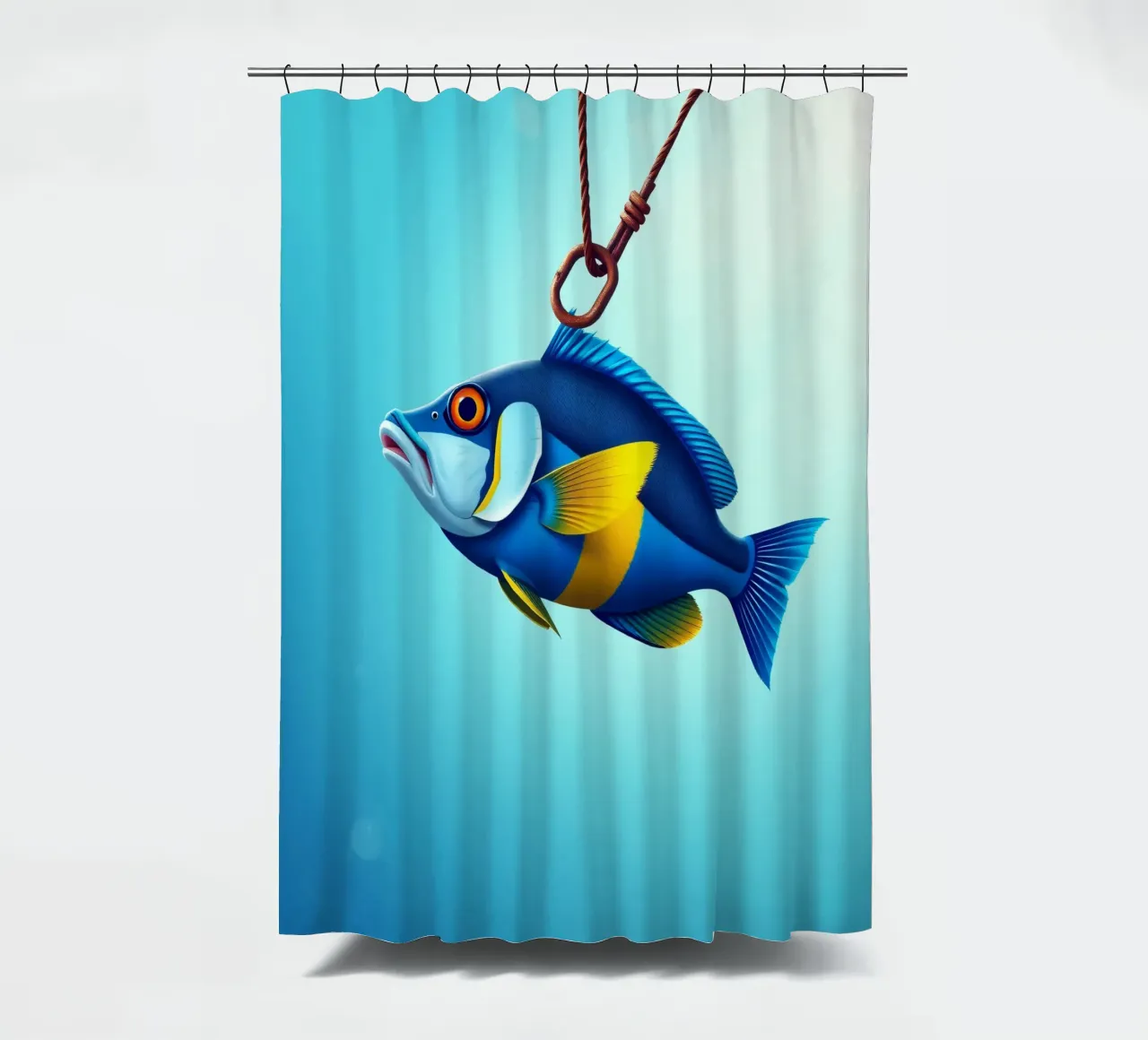 Un poisson coloré capturé sur un hameçon immergé dans l'eau bleue rideau de douche de DesignDoodle