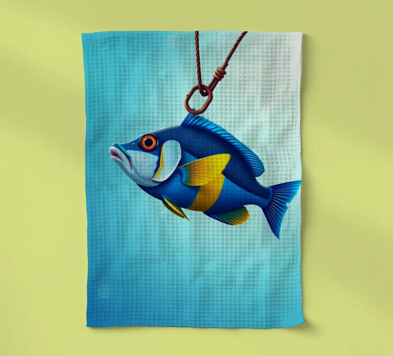 Un poisson coloré capturé sur un hameçon immergé dans l'eau bleue torchon de DesignDoodle