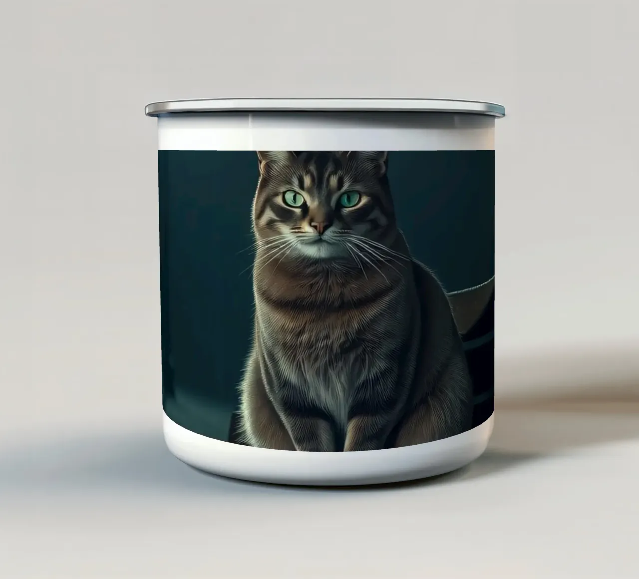 gatto seduto tranquillamente su una panchina del parco illuminata da un lampione tazza in smalto da DesignDoodle