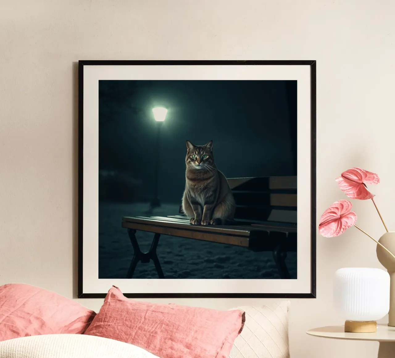 gatto seduto tranquillamente su una panchina del parco illuminata da un lampione poster da DesignDoodle