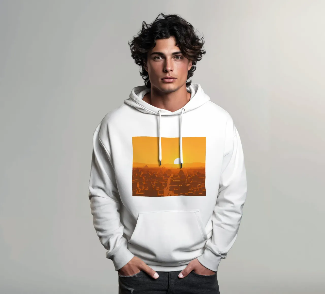 Tramonto sulla città antica con sagome di persone che camminano felpa con cappuccio da DesignDoodle