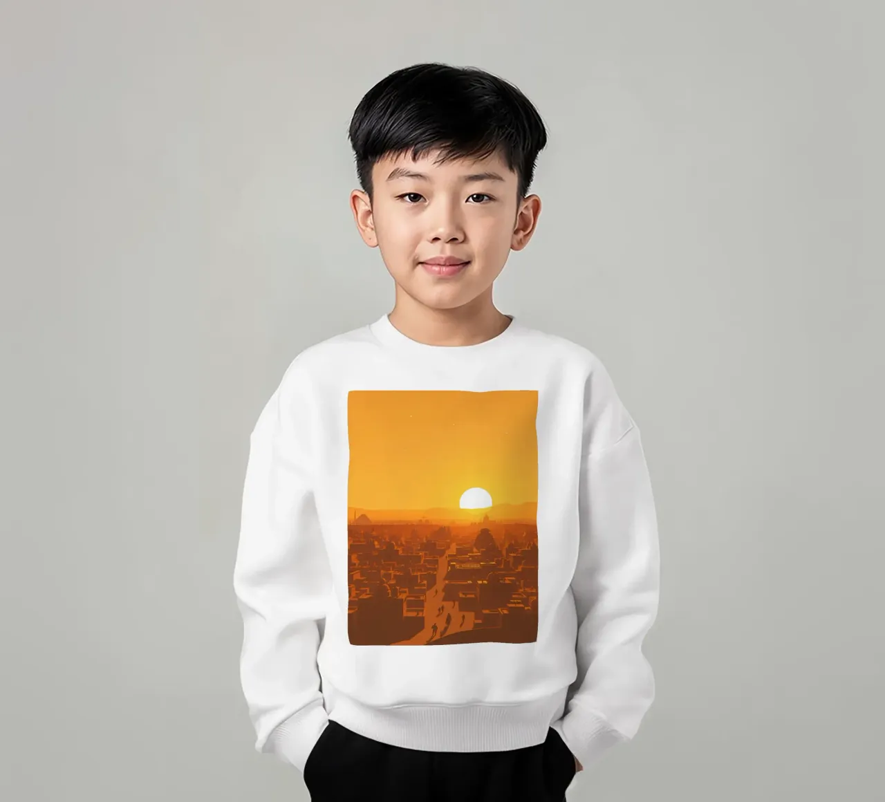 Tramonto sulla città antica con sagome di persone che camminano felpa bambino da DesignDoodle