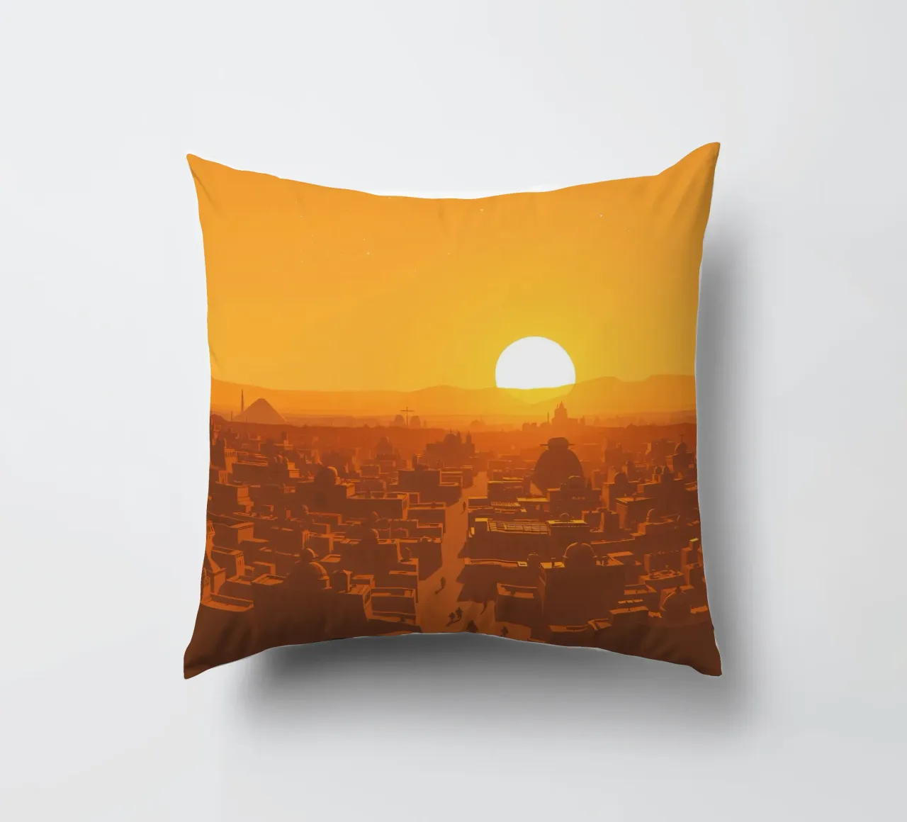 Tramonto sulla città antica con sagome di persone che camminano cuscino da DesignDoodle