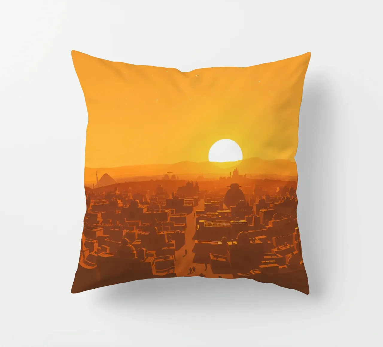 Tramonto sulla città antica con sagome di persone che camminano cuscino da DesignDoodle