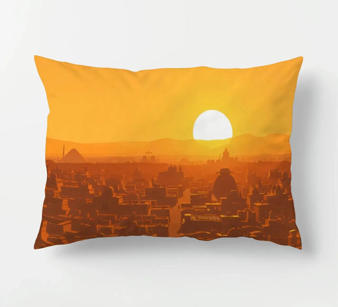 Tramonto sulla città antica con sagome di persone che camminano cuscino da DesignDoodle
