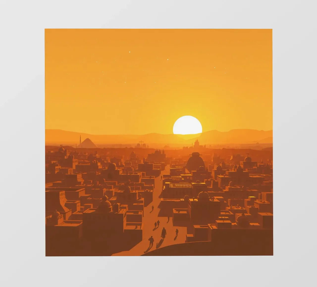 Tramonto sulla città antica con sagome di persone che camminano telo in pvc da DesignDoodle