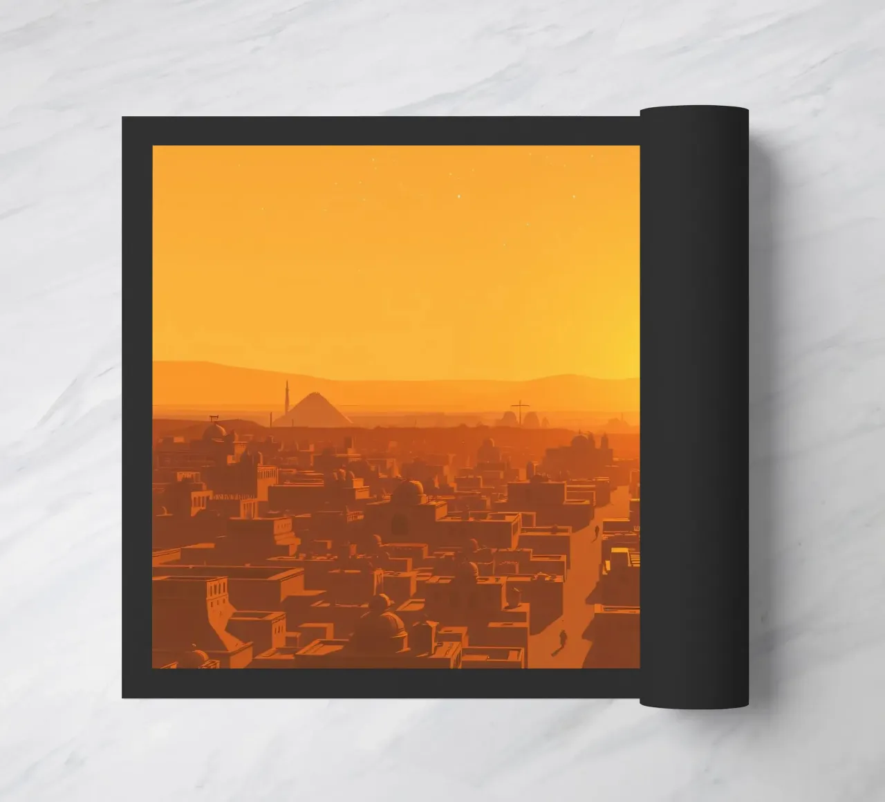 Tramonto sulla città antica con sagome di persone che camminano zerbino da DesignDoodle