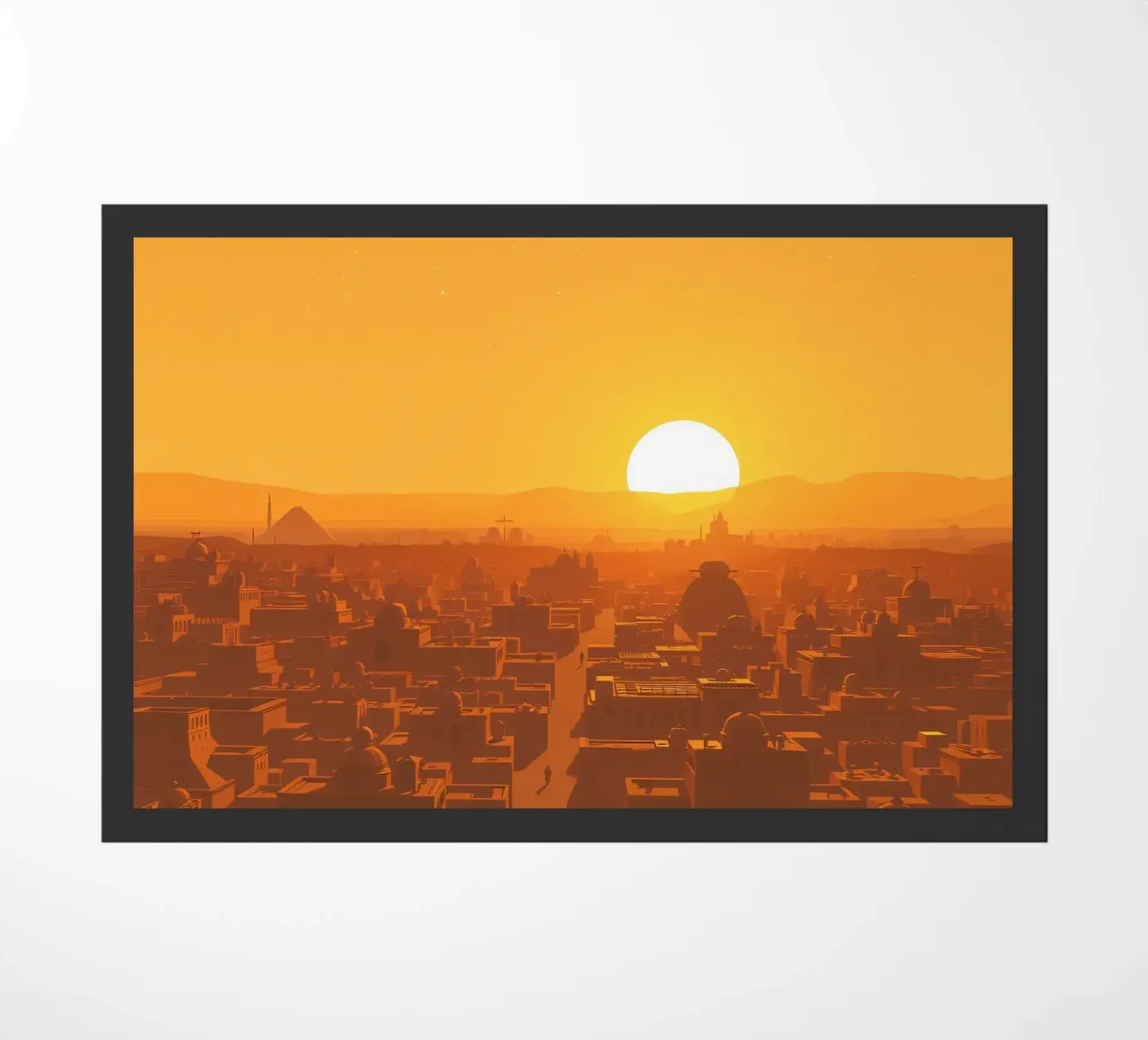 Tramonto sulla città antica con sagome di persone che camminano zerbino da DesignDoodle