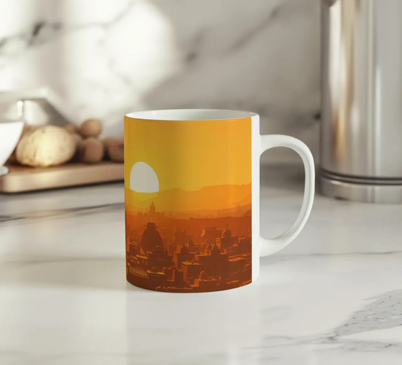 Tramonto sulla città antica con sagome di persone che camminano tazza in ceramica da DesignDoodle
