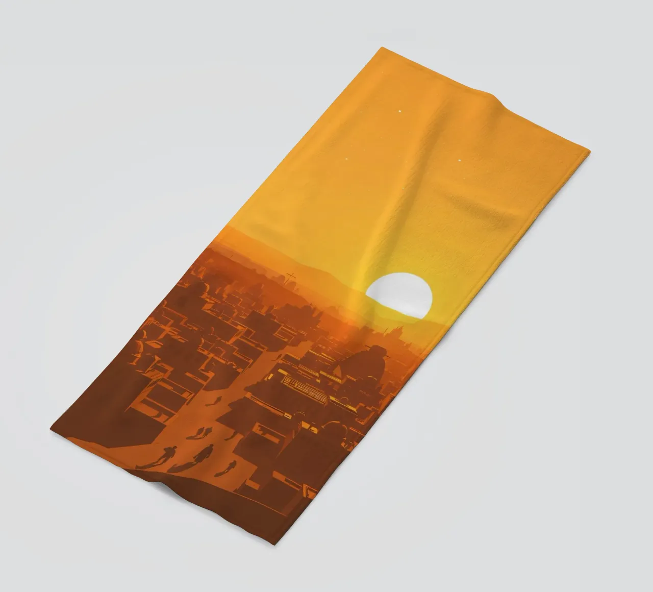 Tramonto sulla città antica con sagome di persone che camminano telo mare da DesignDoodle
