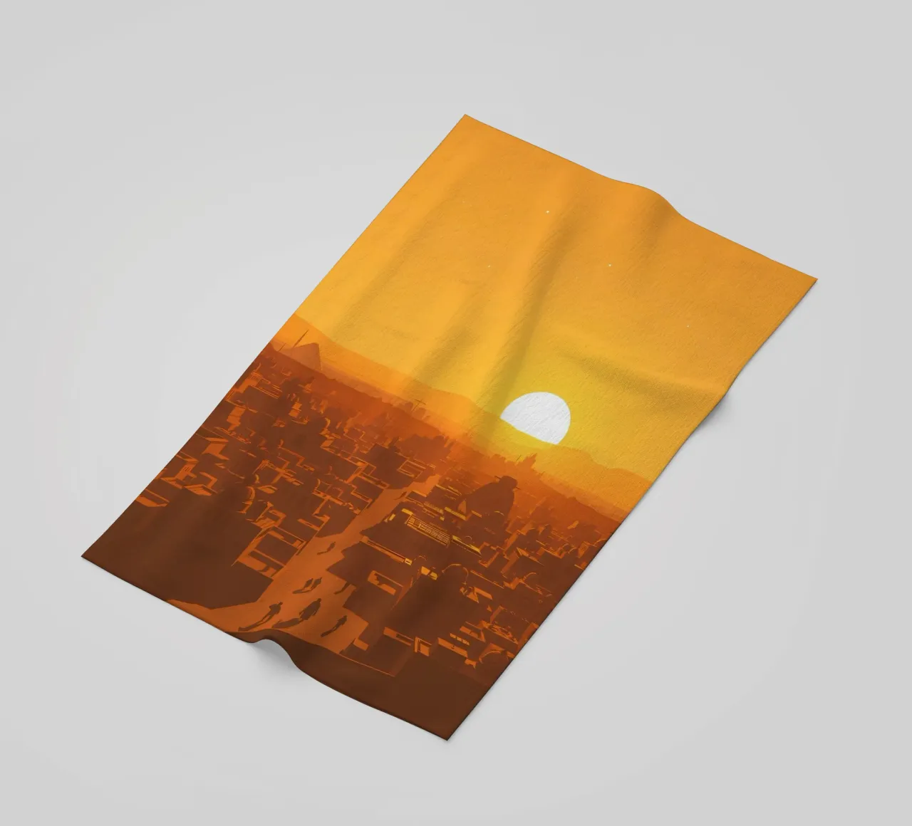 Tramonto sulla città antica con sagome di persone che camminano telo mare da DesignDoodle