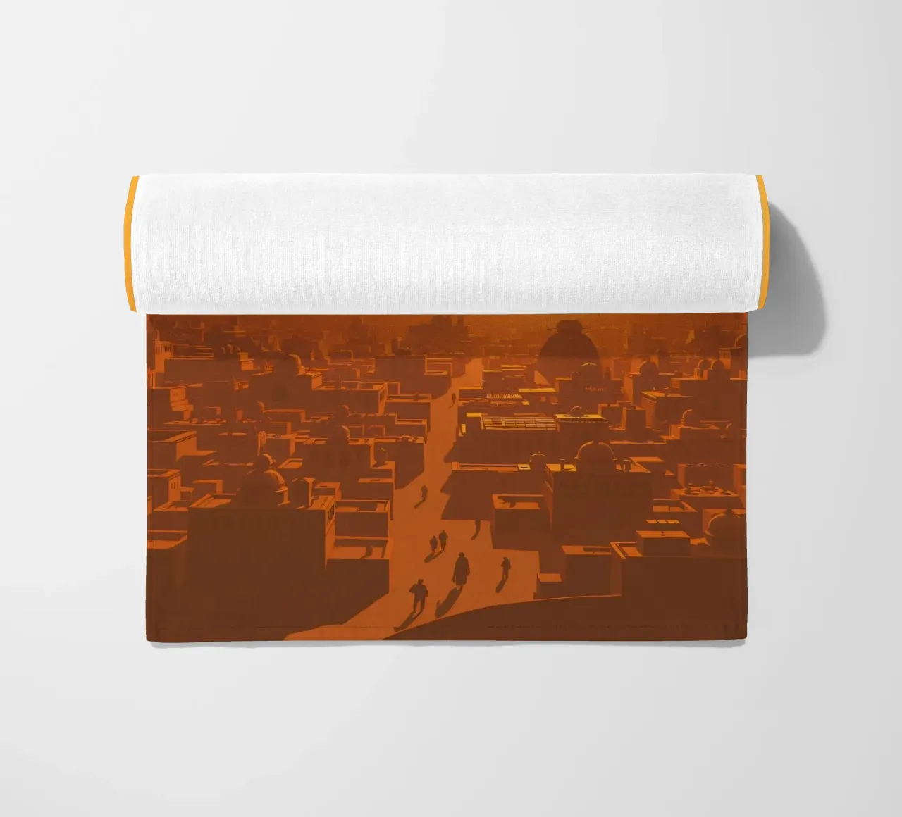 Tramonto sulla città antica con sagome di persone che camminano telo mare da DesignDoodle