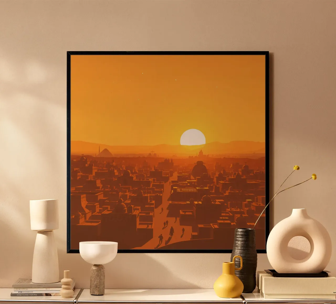 Tramonto sulla città antica con sagome di persone che camminano carta hahnemühle da DesignDoodle