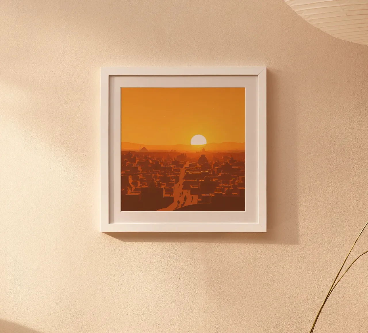 Tramonto sulla città antica con sagome di persone che camminano carta hahnemühle da DesignDoodle